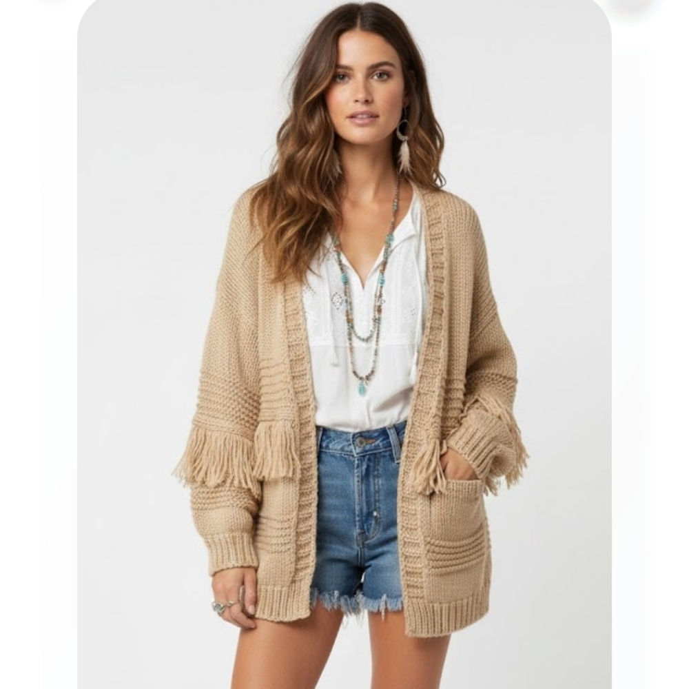 Paper Moon Cardigan Sweater Peach Fringe Boho Open M